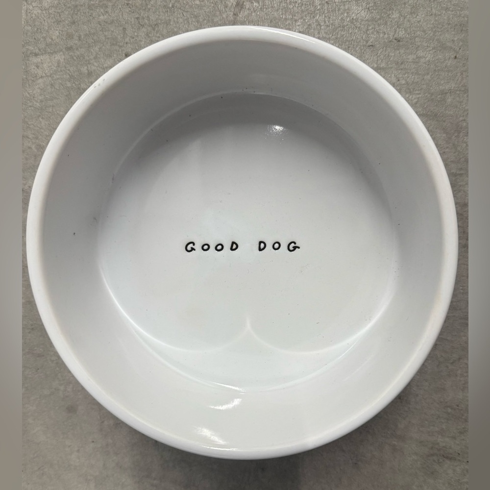 White Stoneware “Good Dog” Dog Bowl with Bone Accent 6” Diameter x 2” High